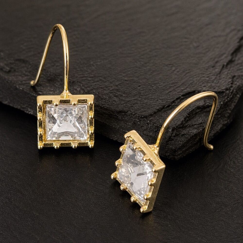 Princess Cut Simulated Diamond Drop Earrings Gold Tone
